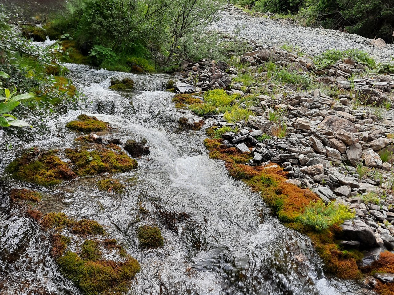 tosendes Wasser im Vordergrund, rechts im Bild der Hauptfluss